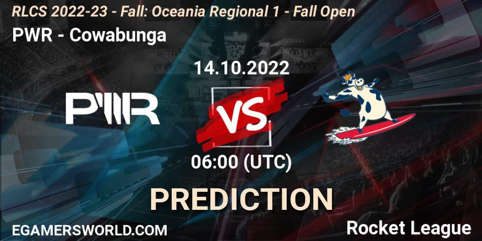 Prognose für das Spiel PWR VS Cowabunga. 14.10.2022 at 06:00. Rocket League - RLCS 2022-23 - Fall: Oceania Regional 1 - Fall Open