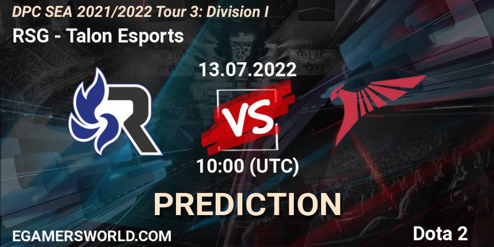 Prognose für das Spiel RSG VS Talon Esports. 13.07.2022 at 10:44. Dota 2 - DPC SEA 2021/2022 Tour 3: Division I
