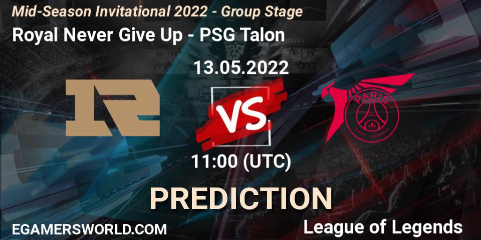 Prognose für das Spiel Royal Never Give Up VS PSG Talon. 11.05.2022 at 13:00. LoL - Mid-Season Invitational 2022 - Group Stage
