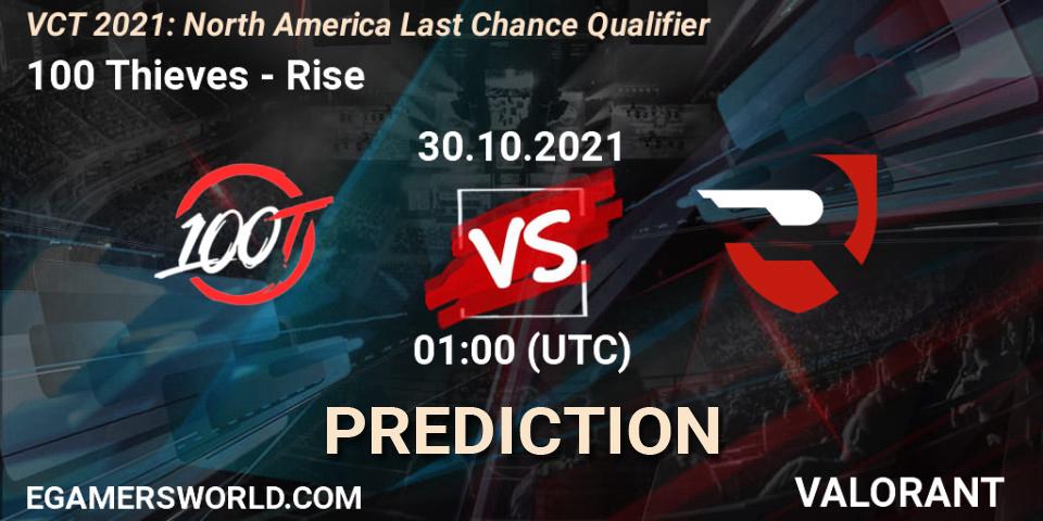 Prognose für das Spiel 100 Thieves VS Rise. 30.10.2021 at 01:00. VALORANT - VCT 2021: North America Last Chance Qualifier