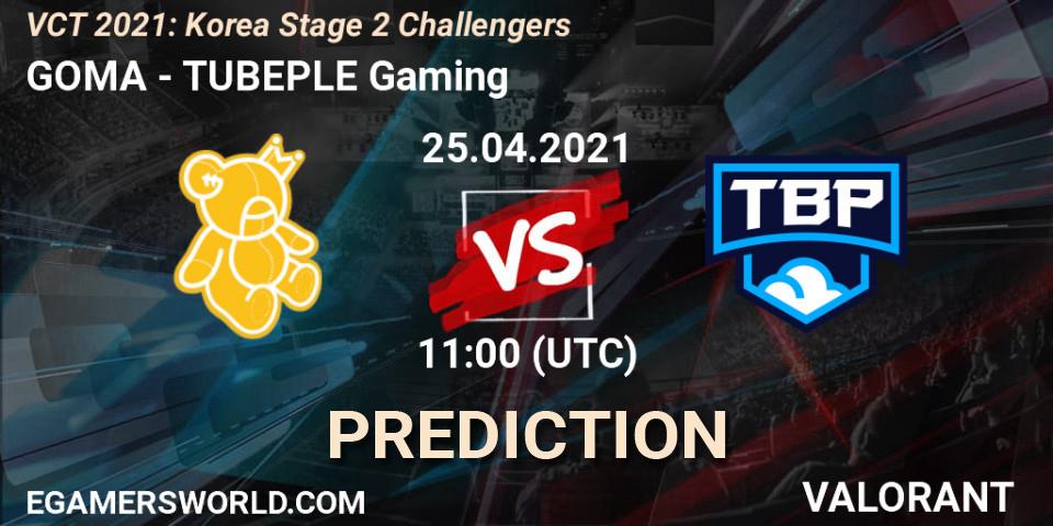 Prognose für das Spiel GOMA VS TUBEPLE Gaming. 25.04.2021 at 11:00. VALORANT - VCT 2021: Korea Stage 2 Challengers