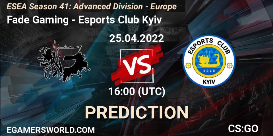 Prognose für das Spiel Fade Gaming VS Esports Club Kyiv. 25.04.2022 at 16:00. Counter-Strike (CS2) - ESEA Season 41: Advanced Division - Europe