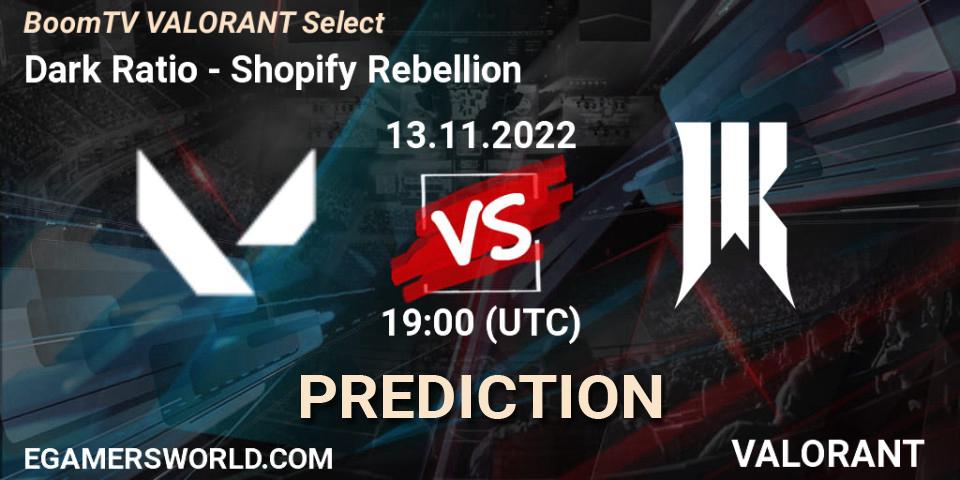 Prognose für das Spiel Dark Ratio VS Shopify Rebellion. 13.11.2022 at 19:00. VALORANT - BoomTV VALORANT Select
