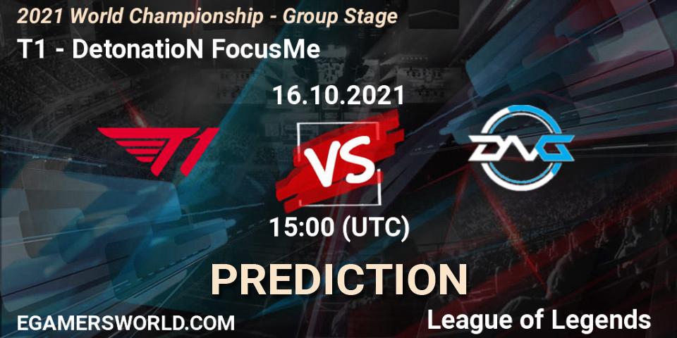 Prognose für das Spiel T1 VS DetonatioN FocusMe. 16.10.2021 at 15:00. LoL - 2021 World Championship - Group Stage