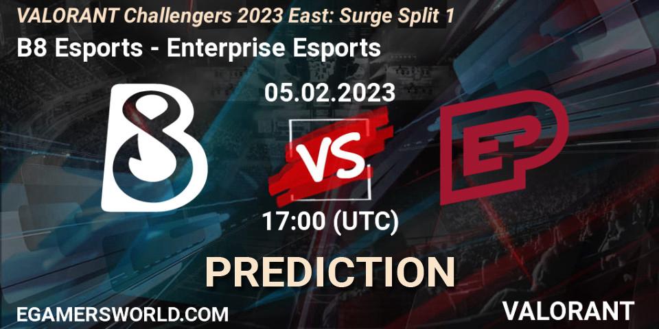Prognose für das Spiel B8 Esports VS Enterprise Esports. 05.02.23. VALORANT - VALORANT Challengers 2023 East: Surge Split 1
