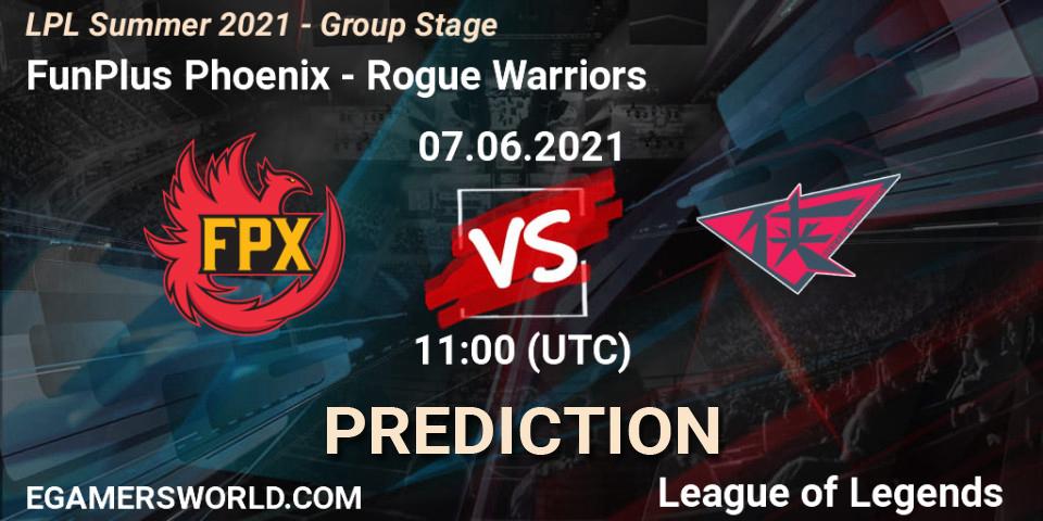 Prognose für das Spiel FunPlus Phoenix VS Rogue Warriors. 07.06.21. LoL - LPL Summer 2021 - Group Stage