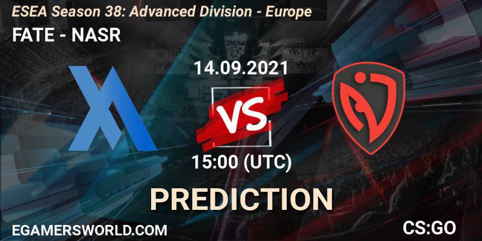 Prognose für das Spiel FATE VS NASR. 14.09.2021 at 15:00. Counter-Strike (CS2) - ESEA Season 38: Advanced Division - Europe