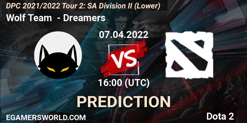 Prognose für das Spiel Wolf Team VS Dreamers. 07.04.2022 at 16:11. Dota 2 - DPC 2021/2022 Tour 2: SA Division II (Lower)