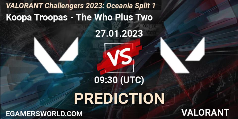 Prognose für das Spiel Koopa Troopas VS The Who Plus Two. 27.01.2023 at 09:30. VALORANT - VALORANT Challengers 2023: Oceania Split 1