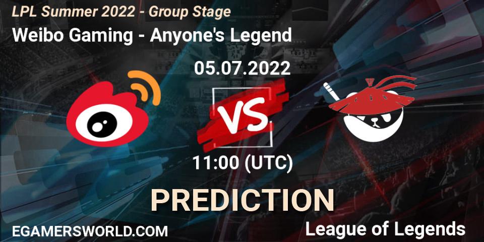 Prognose für das Spiel Weibo Gaming VS Anyone's Legend. 05.07.2022 at 11:00. LoL - LPL Summer 2022 - Group Stage
