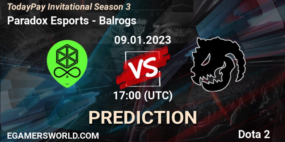 Prognose für das Spiel Paradox Esports VS Balrogs. 09.01.2023 at 16:54. Dota 2 - TodayPay Invitational Season 3