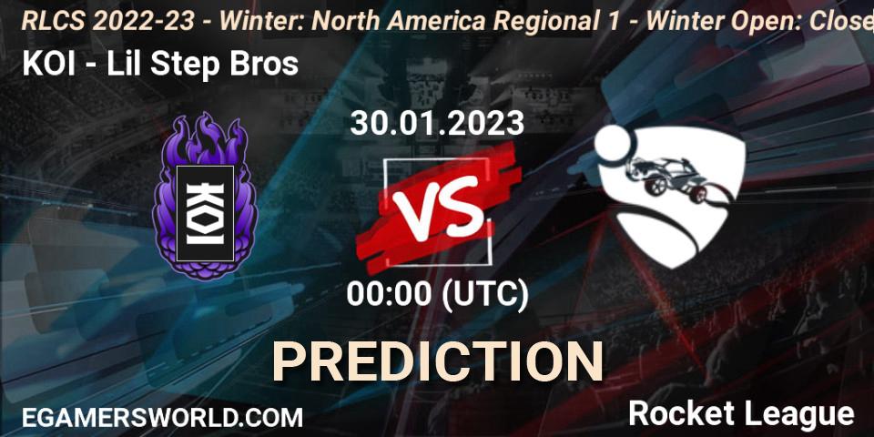 Prognose für das Spiel KOI VS Lil Step Bros. 30.01.2023 at 00:00. Rocket League - RLCS 2022-23 - Winter: North America Regional 1 - Winter Open: Closed Qualifier