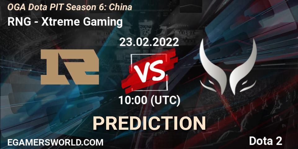 Prognose für das Spiel RNG VS Xtreme Gaming. 23.02.2022 at 10:00. Dota 2 - OGA Dota PIT Season 6: China