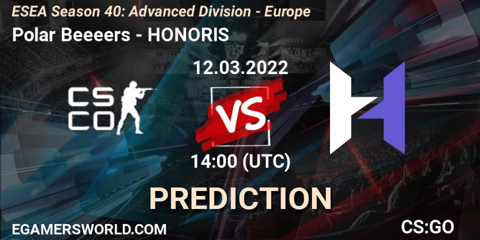 Prognose für das Spiel Polar Beeeers VS HONORIS. 12.03.2022 at 14:00. Counter-Strike (CS2) - ESEA Season 40: Advanced Division - Europe