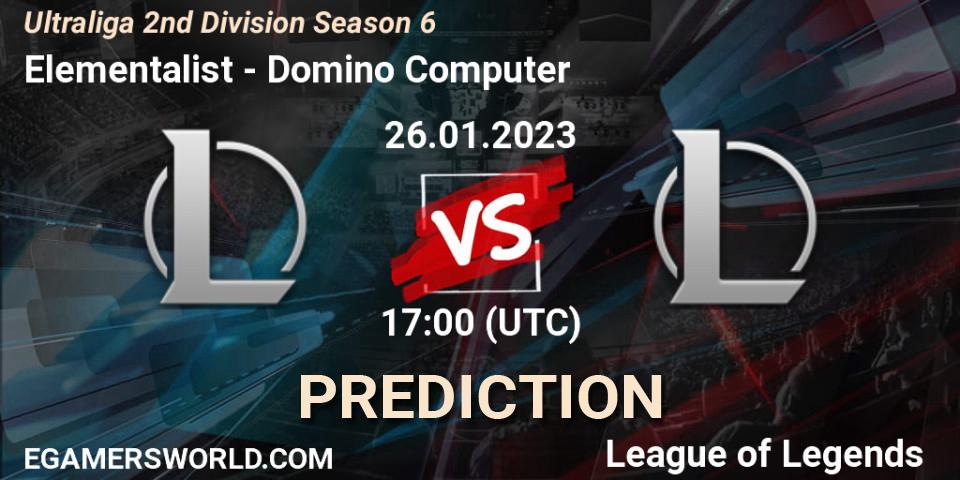 Prognose für das Spiel Elementalist VS Domino Computer. 26.01.2023 at 17:00. LoL - Ultraliga 2nd Division Season 6