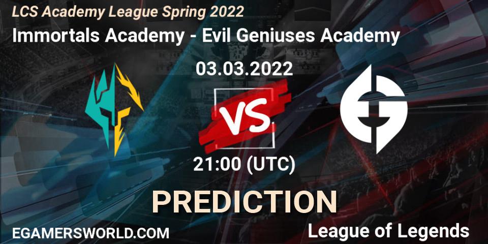 Prognose für das Spiel Immortals Academy VS Evil Geniuses Academy. 03.03.2022 at 21:00. LoL - LCS Academy League Spring 2022