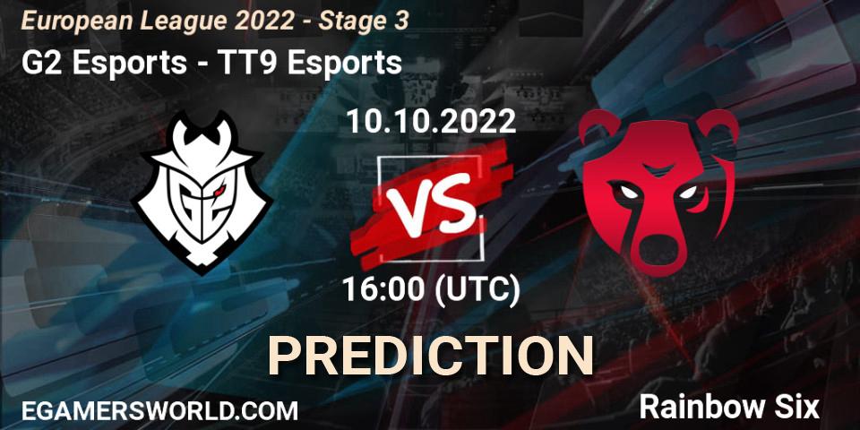 Prognose für das Spiel G2 Esports VS TT9 Esports. 10.10.2022 at 19:45. Rainbow Six - European League 2022 - Stage 3