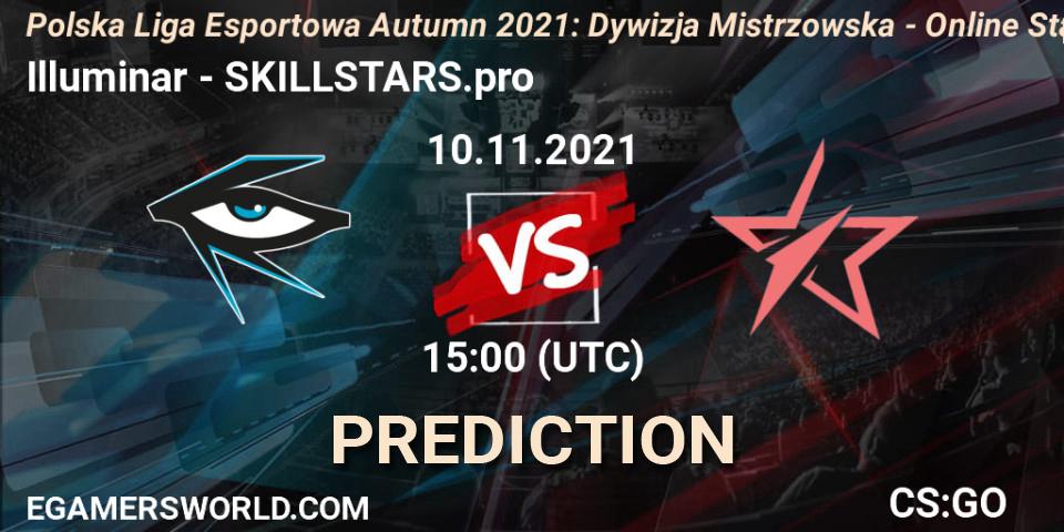 Prognose für das Spiel Illuminar VS SKILLSTARS.pro. 10.11.2021 at 15:00. Counter-Strike (CS2) - Polska Liga Esportowa Autumn 2021: Dywizja Mistrzowska - Online Stage