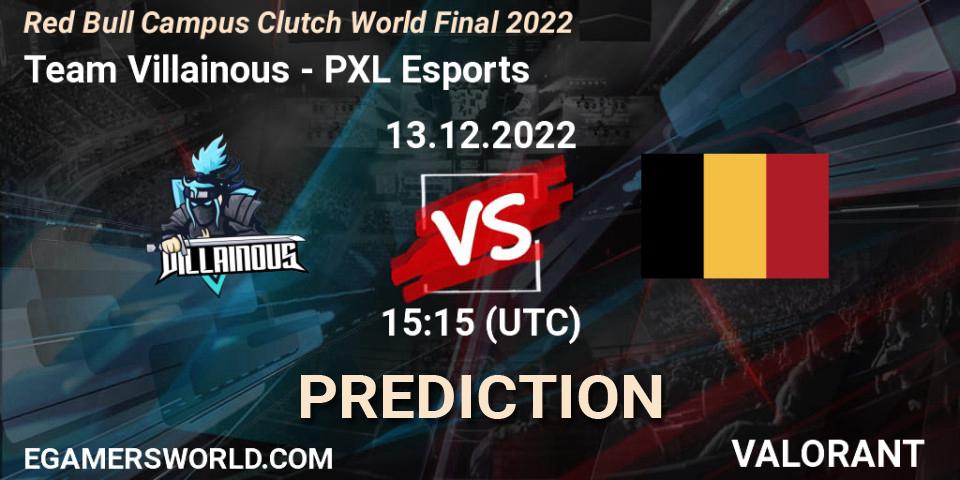Prognose für das Spiel Team Villainous VS PXL Esports. 13.12.2022 at 15:15. VALORANT - Red Bull Campus Clutch World Final 2022