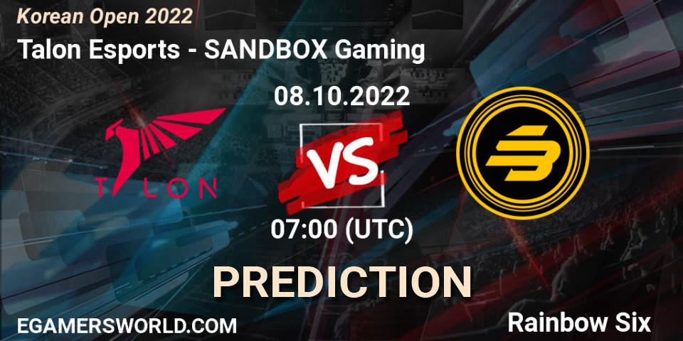 Prognose für das Spiel Talon Esports VS SANDBOX Gaming. 08.10.2022 at 07:00. Rainbow Six - Korean Open 2022