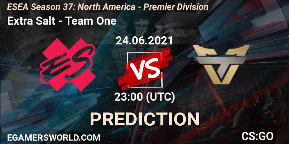 Prognose für das Spiel Extra Salt VS Team One. 24.06.2021 at 23:00. Counter-Strike (CS2) - ESEA Season 37: North America - Premier Division