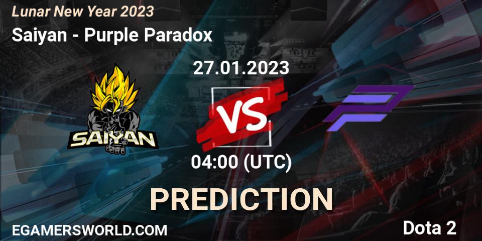 Prognose für das Spiel Saiyan VS Purple Paradox. 27.01.23. Dota 2 - Lunar New Year 2023