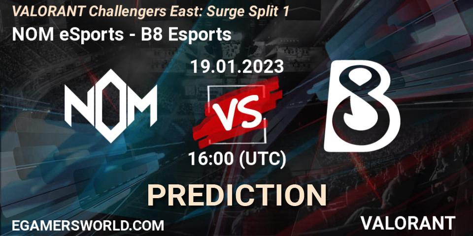 Prognose für das Spiel NOM eSports VS B8 Esports. 19.01.2023 at 16:50. VALORANT - VALORANT Challengers 2023 East: Surge Split 1