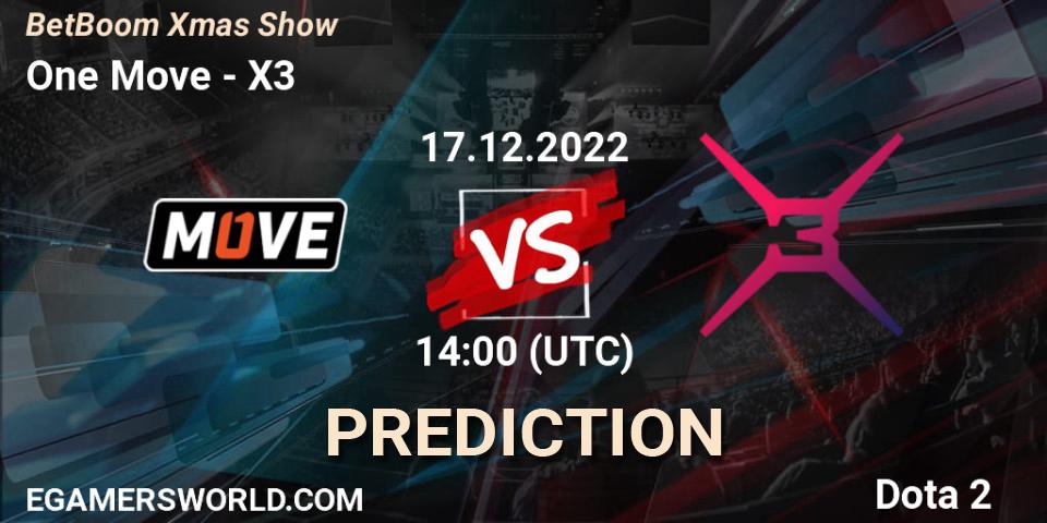 Prognose für das Spiel One Move VS X3. 17.12.2022 at 14:11. Dota 2 - BetBoom Xmas Show