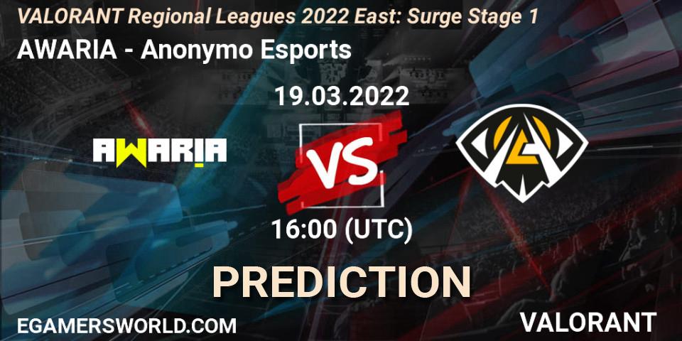 Prognose für das Spiel AWARIA VS Anonymo Esports. 19.03.2022 at 16:00. VALORANT - VALORANT Regional Leagues 2022 East: Surge Stage 1