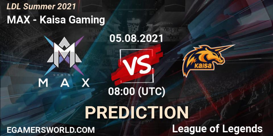 Prognose für das Spiel MAX VS Kaisa Gaming. 05.08.2021 at 09:30. LoL - LDL Summer 2021