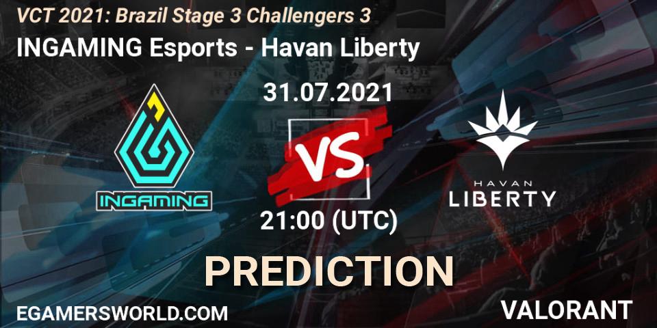 Prognose für das Spiel INGAMING Esports VS Havan Liberty. 31.07.2021 at 21:00. VALORANT - VCT 2021: Brazil Stage 3 Challengers 3