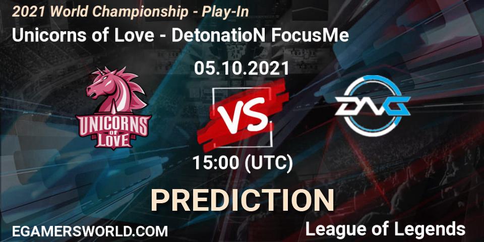 Prognose für das Spiel Unicorns of Love VS DetonatioN FocusMe. 05.10.21. LoL - 2021 World Championship - Play-In
