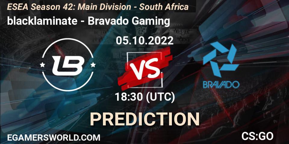 Prognose für das Spiel blacklaminate VS Bravado Gaming. 05.10.2022 at 18:50. Counter-Strike (CS2) - ESEA Season 42: Main Division - South Africa