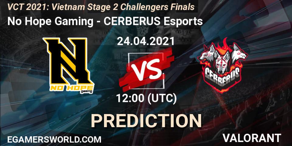 Prognose für das Spiel No Hope Gaming VS CERBERUS Esports. 24.04.2021 at 14:30. VALORANT - VCT 2021: Vietnam Stage 2 Challengers Finals