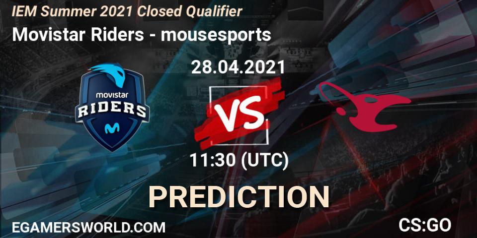 Prognose für das Spiel Movistar Riders VS mousesports. 28.04.2021 at 11:30. Counter-Strike (CS2) - IEM Summer 2021 Closed Qualifier