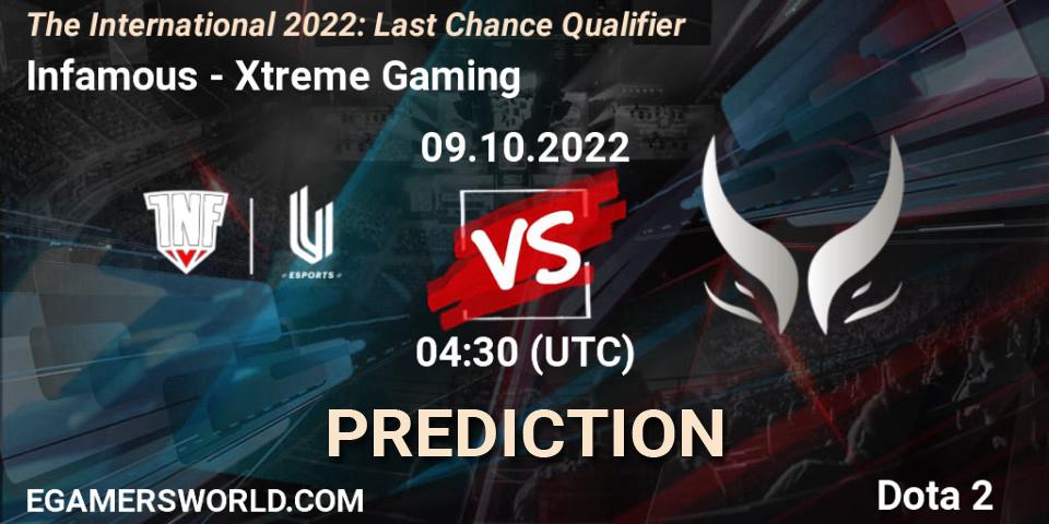 Prognose für das Spiel Infamous VS Xtreme Gaming. 09.10.2022 at 04:54. Dota 2 - The International 2022: Last Chance Qualifier