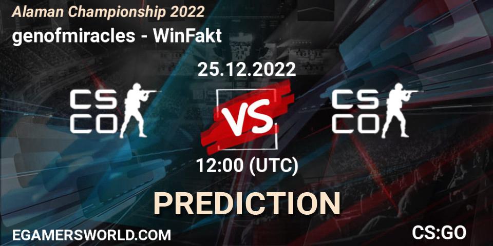 Prognose für das Spiel genofmiracles VS WinFakt. 25.12.2022 at 12:00. Counter-Strike (CS2) - Alaman Championship 2022