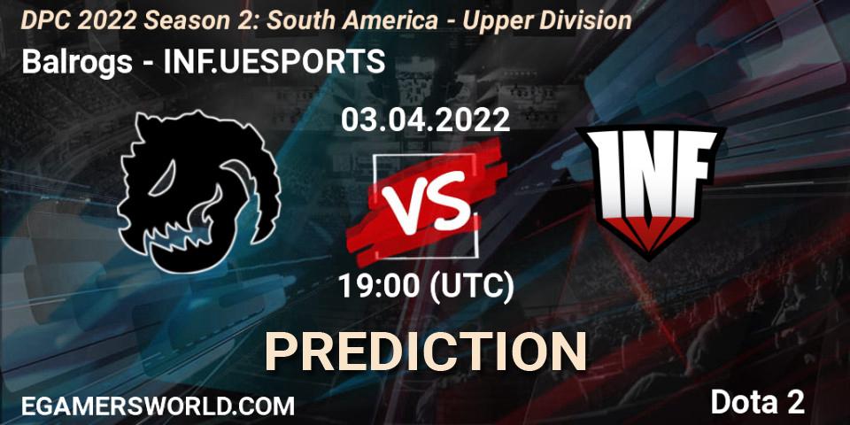 Prognose für das Spiel Balrogs VS INF.UESPORTS. 03.04.2022 at 19:04. Dota 2 - DPC 2021/2022 Tour 2 (Season 2): SA Division I (Upper)