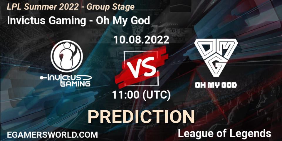 Prognose für das Spiel Invictus Gaming VS Oh My God. 10.08.2022 at 11:00. LoL - LPL Summer 2022 - Group Stage