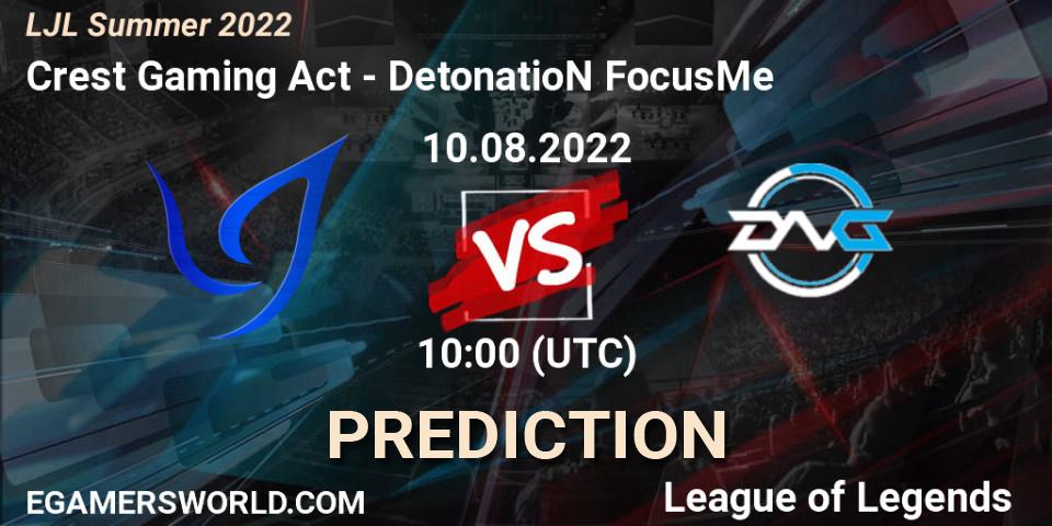 Prognose für das Spiel Crest Gaming Act VS DetonatioN FocusMe. 10.08.2022 at 10:00. LoL - LJL Summer 2022