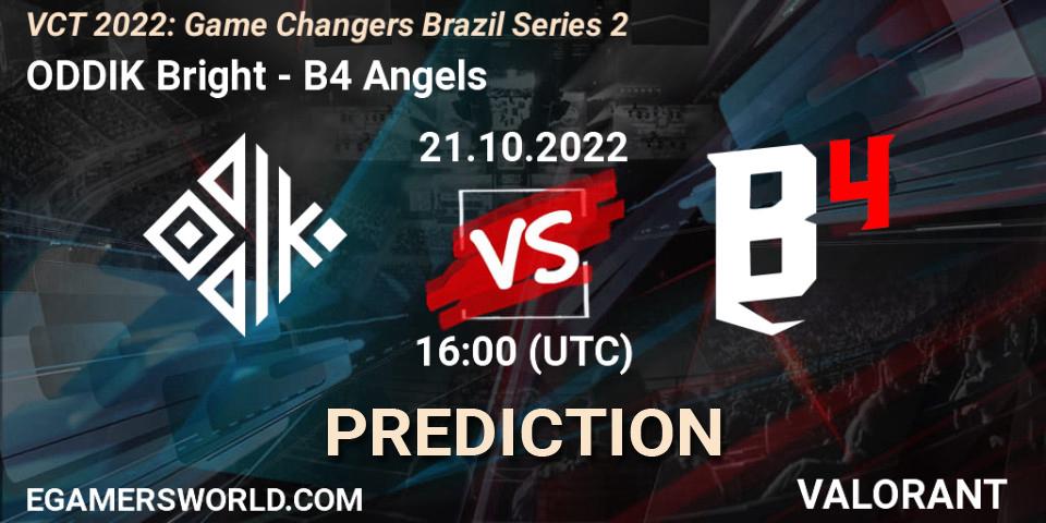 Prognose für das Spiel ODDIK Bright VS B4 Angels. 21.10.2022 at 16:20. VALORANT - VCT 2022: Game Changers Brazil Series 2