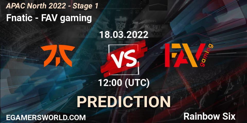 Prognose für das Spiel Fnatic VS FAV gaming. 18.03.2022 at 12:00. Rainbow Six - APAC North 2022 - Stage 1