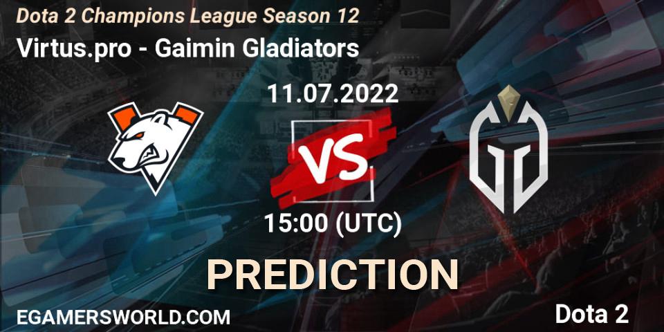 Prognose für das Spiel Virtus.pro VS Gaimin Gladiators. 11.07.2022 at 12:48. Dota 2 - Dota 2 Champions League Season 12