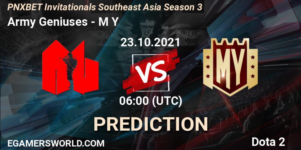 Prognose für das Spiel Army Geniuses VS M Y. 23.10.2021 at 06:20. Dota 2 - PNXBET Invitationals Southeast Asia Season 3