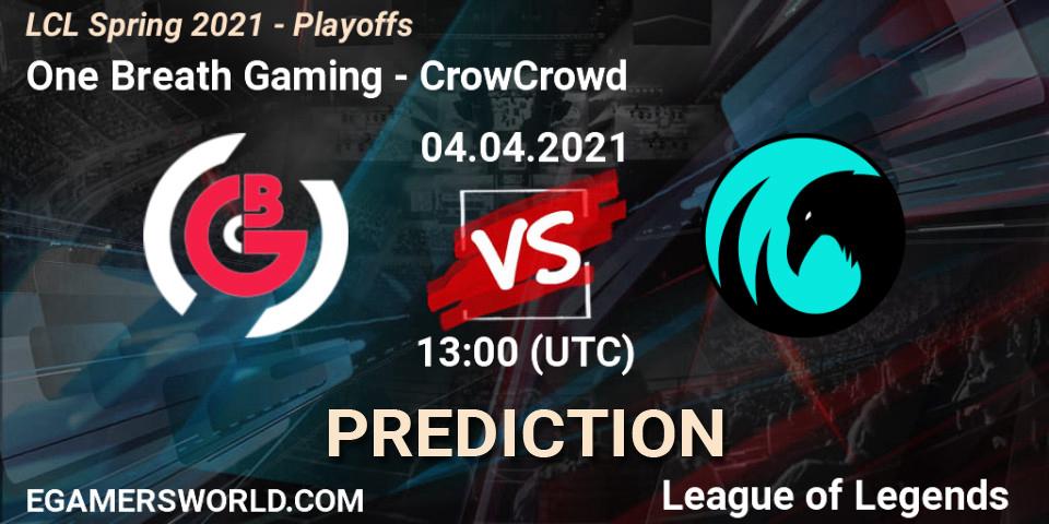 Prognose für das Spiel One Breath Gaming VS CrowCrowd. 04.04.2021 at 13:00. LoL - LCL Spring 2021 - Playoffs