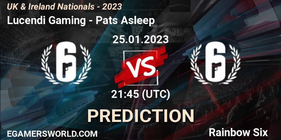 Prognose für das Spiel Lucendi Gaming VS Pats Asleep. 25.01.2023 at 21:45. Rainbow Six - UK & Ireland Nationals - 2023