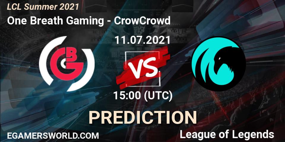 Prognose für das Spiel One Breath Gaming VS CrowCrowd. 11.07.2021 at 15:00. LoL - LCL Summer 2021