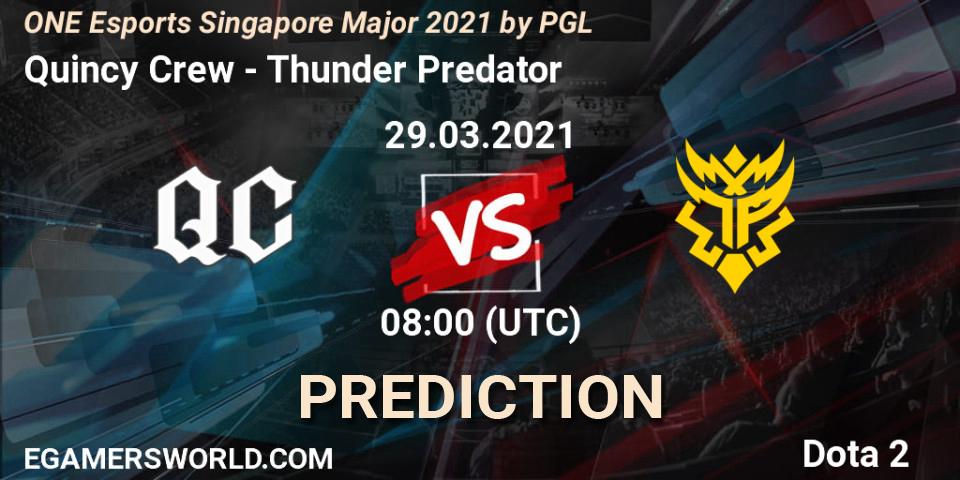 Prognose für das Spiel Quincy Crew VS Thunder Predator. 29.03.2021 at 09:28. Dota 2 - ONE Esports Singapore Major 2021
