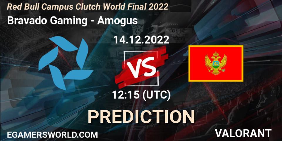 Prognose für das Spiel Bravado Gaming VS Amogus. 14.12.2022 at 12:15. VALORANT - Red Bull Campus Clutch World Final 2022