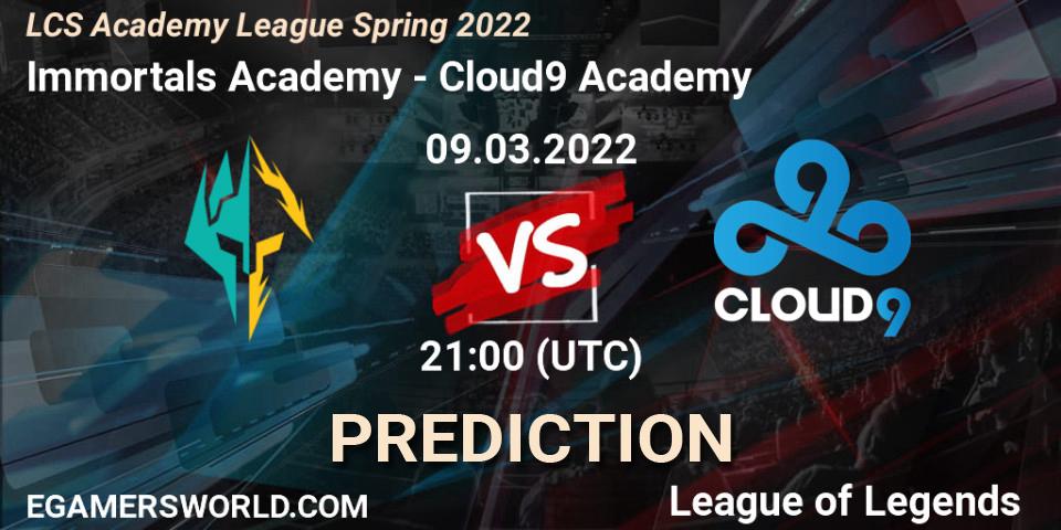 Prognose für das Spiel Immortals Academy VS Cloud9 Academy. 09.03.2022 at 21:00. LoL - LCS Academy League Spring 2022